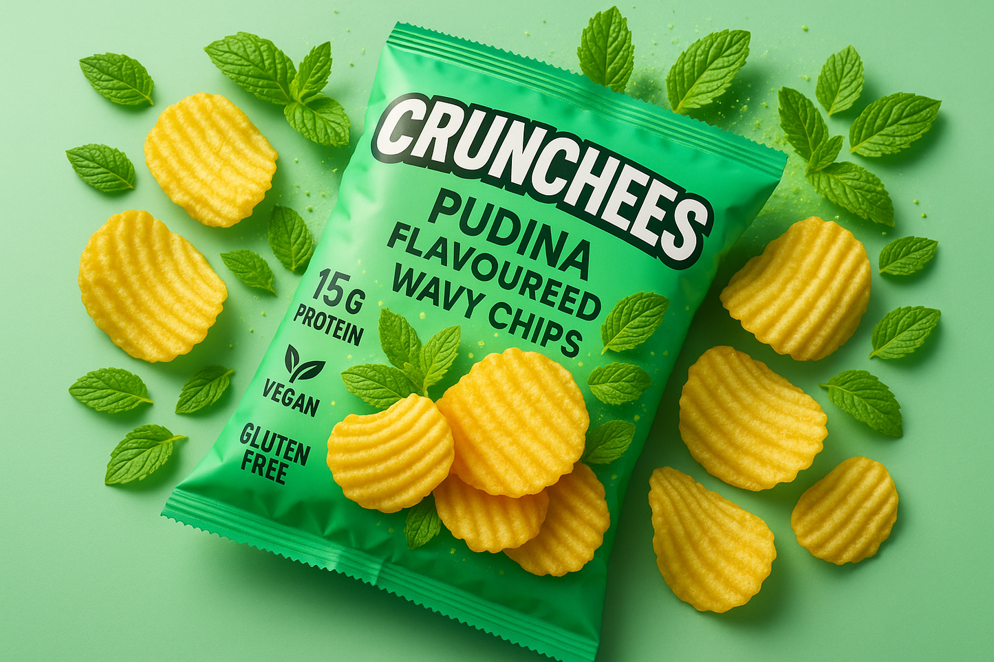 Pudina Flavoured Pack of crunchy, wavy chips named crunchees. Show some crips out of the pack, some in the pack, a proper blast of pudina flavour(mint) and crunch. Highlight "15G protien", "vegan" and "gluten free" on the pack