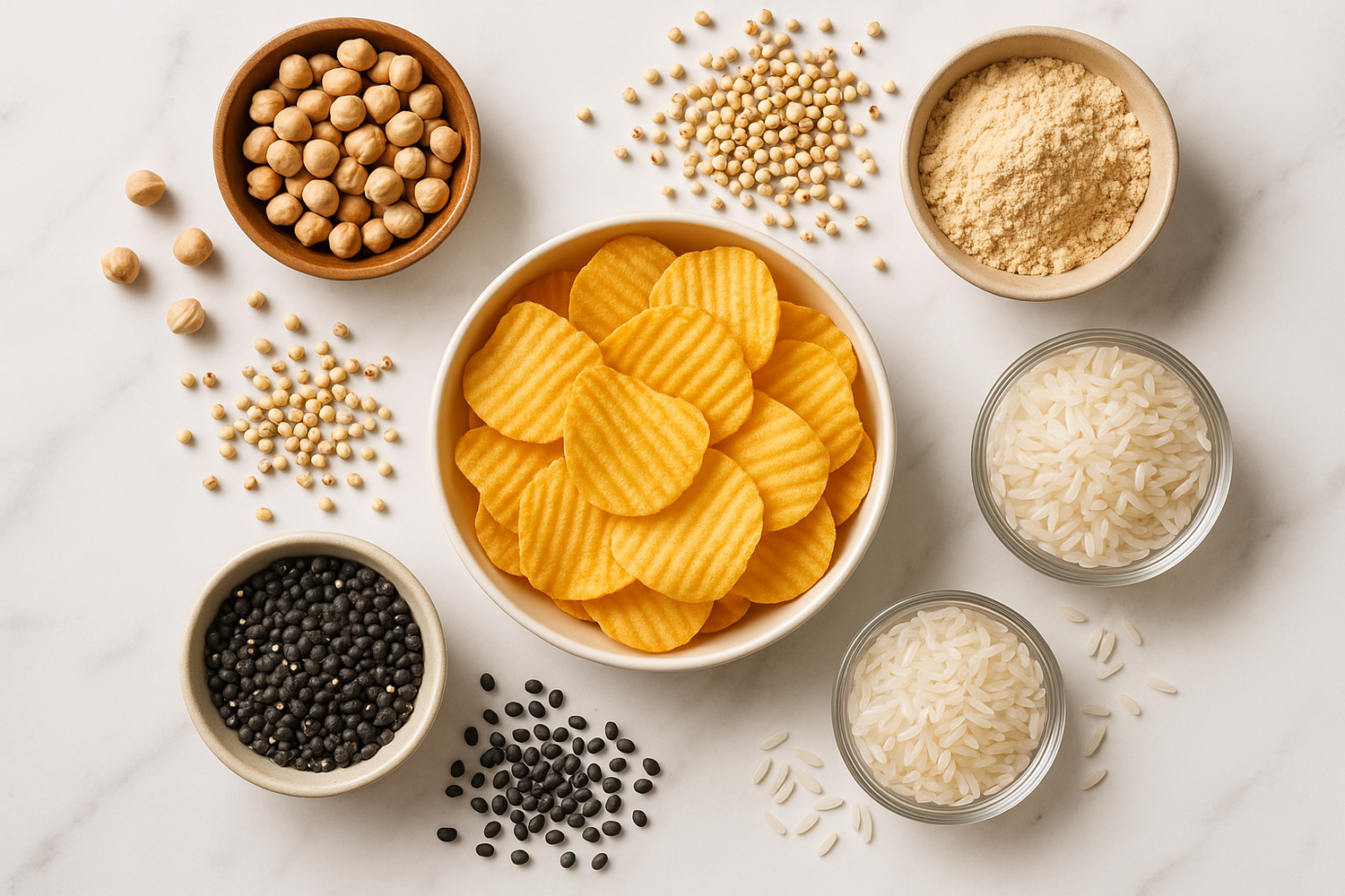 An overhead shot of key ingredients (like chickpea, jowar, urad, rice, soy protien) beautifully arranged with "Crunchhes" chips placed in the center, showing off their crispiness. This would highlight the quality and transparency of the ingredients that go into making Crunchees.