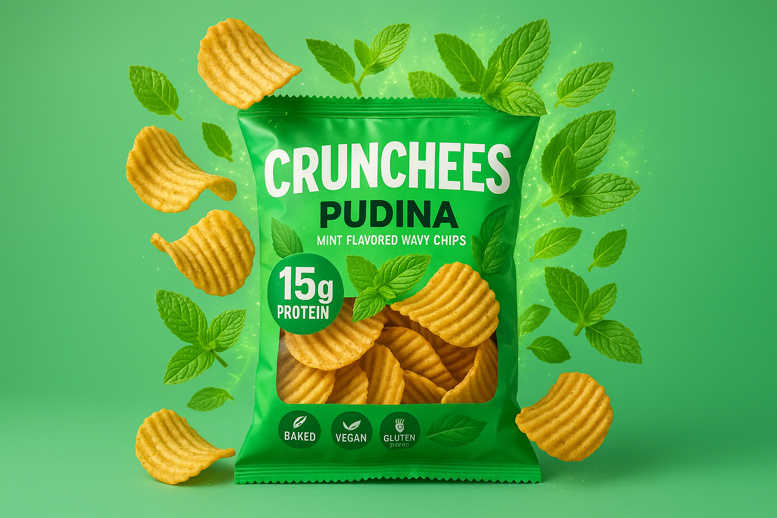 Pudina Flavoured Pack of crunchy, wavy chips named crunchees. Show some crips out of the pack, some in the pack, a proper blast of pudina flavour(mint) and crunch. Highlight "15G protien", "baked", "vegan" and "gluten free" on the pack